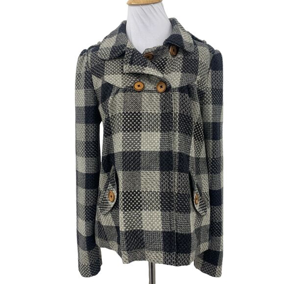 Billabong Pea Coat Blazer Womens M Medium Multi Checkered Wool Blend Button Up - Picture 1 of 12
